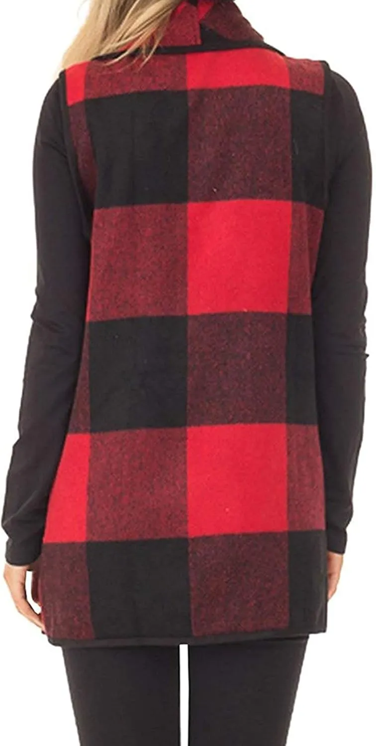 Mannice Womens Buffalo Plaid Sleeveless Cardigans Lapel Open Front Plaid Vest Jacket Coat with Pockets