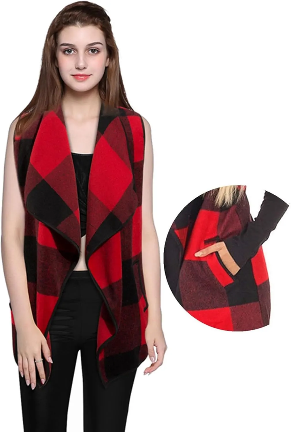 Mannice Womens Buffalo Plaid Sleeveless Cardigans Lapel Open Front Plaid Vest Jacket Coat with Pockets