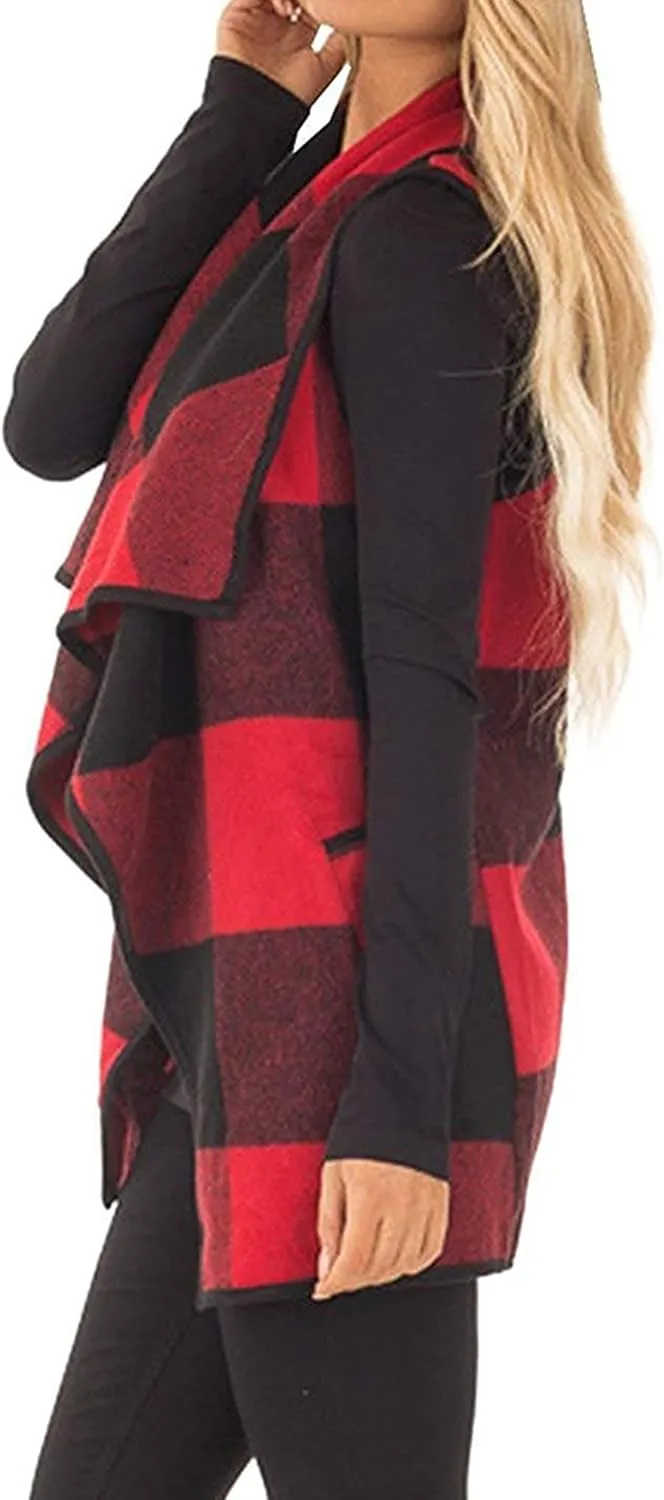 Mannice Womens Buffalo Plaid Sleeveless Cardigans Lapel Open Front Plaid Vest Jacket Coat with Pockets