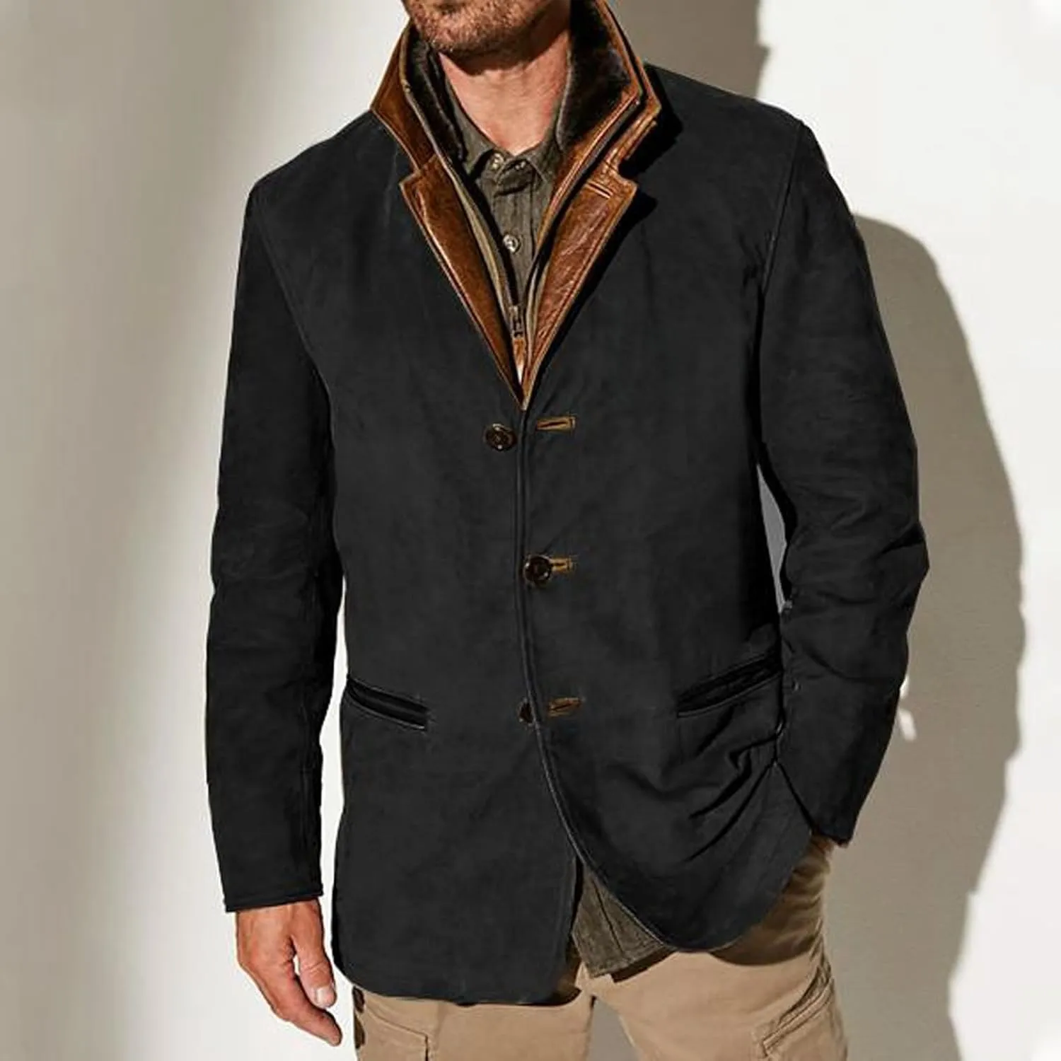 Men 2024 Autumn Winter Solid Color Warm Jacket Casual Trendy Leather Zipper Long Sleeve Coat Top with Pockets