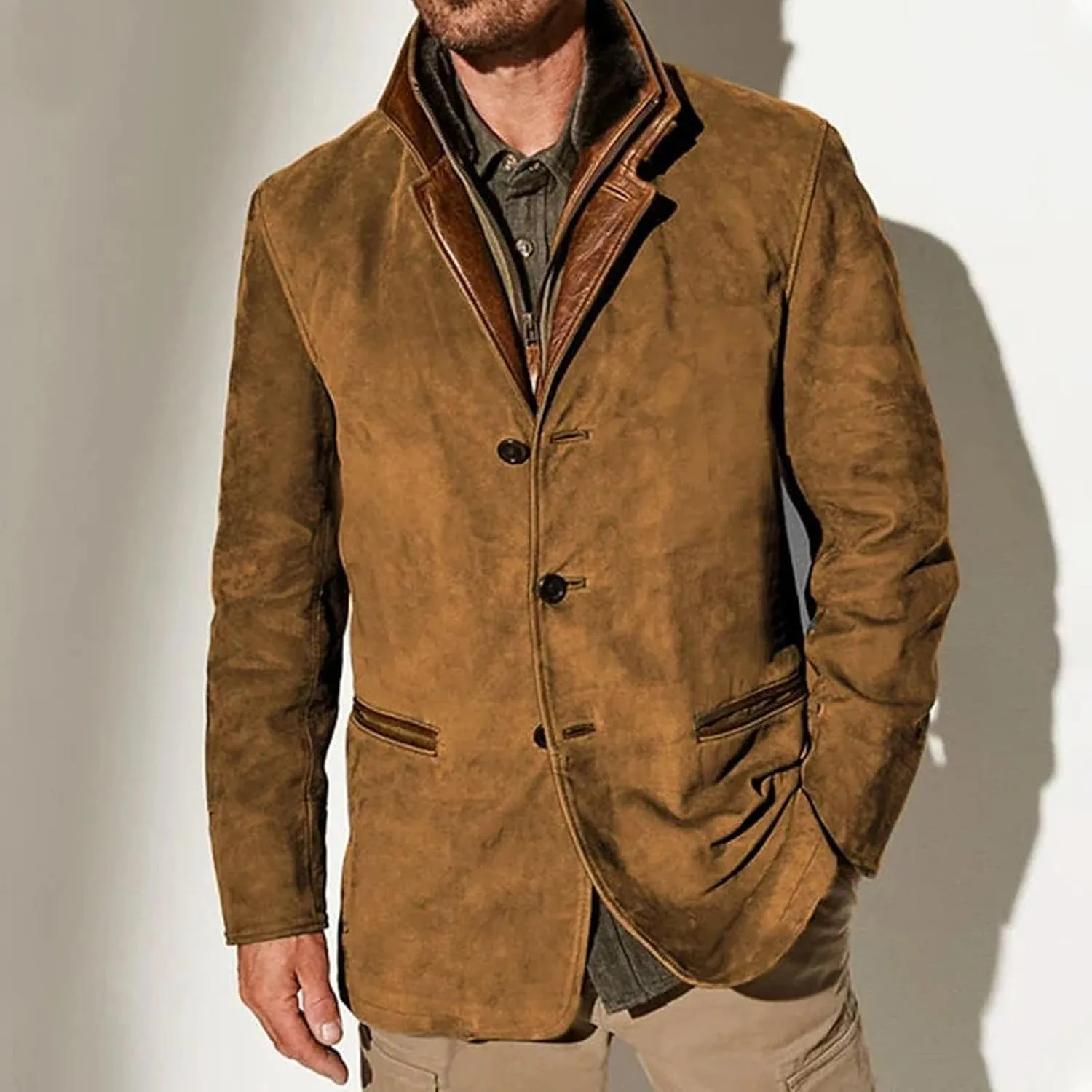 Men 2024 Autumn Winter Solid Color Warm Jacket Casual Trendy Leather Zipper Long Sleeve Coat Top with Pockets