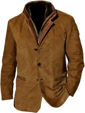Men 2024 Autumn Winter Solid Color Warm Jacket Casual Trendy Leather Zipper Long Sleeve Coat Top with Pockets