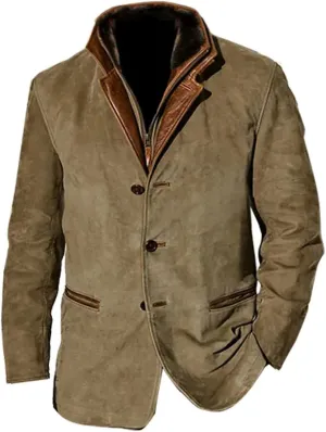 Men 2024 Autumn Winter Solid Color Warm Jacket Casual Trendy Leather Zipper Long Sleeve Coat Top with Pockets