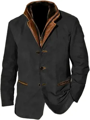 Men 2024 Autumn Winter Solid Color Warm Jacket Casual Trendy Leather Zipper Long Sleeve Coat Top with Pockets