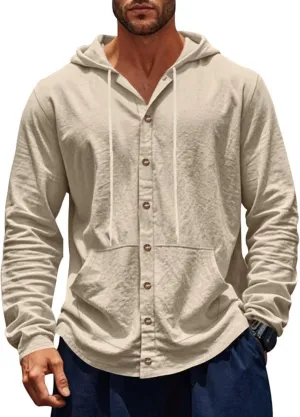 Men Cotton Linen Long Sleeve Button Down Shirt Summer Casual Beach Tops Lightweight Hoodies with Pockets