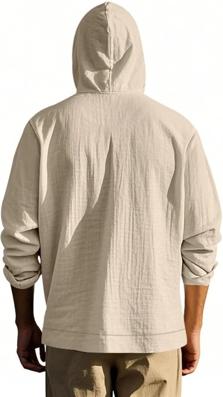 Men Cotton Linen Long Sleeve Button Down Shirt Summer Casual Beach Tops Lightweight Hoodies with Pockets