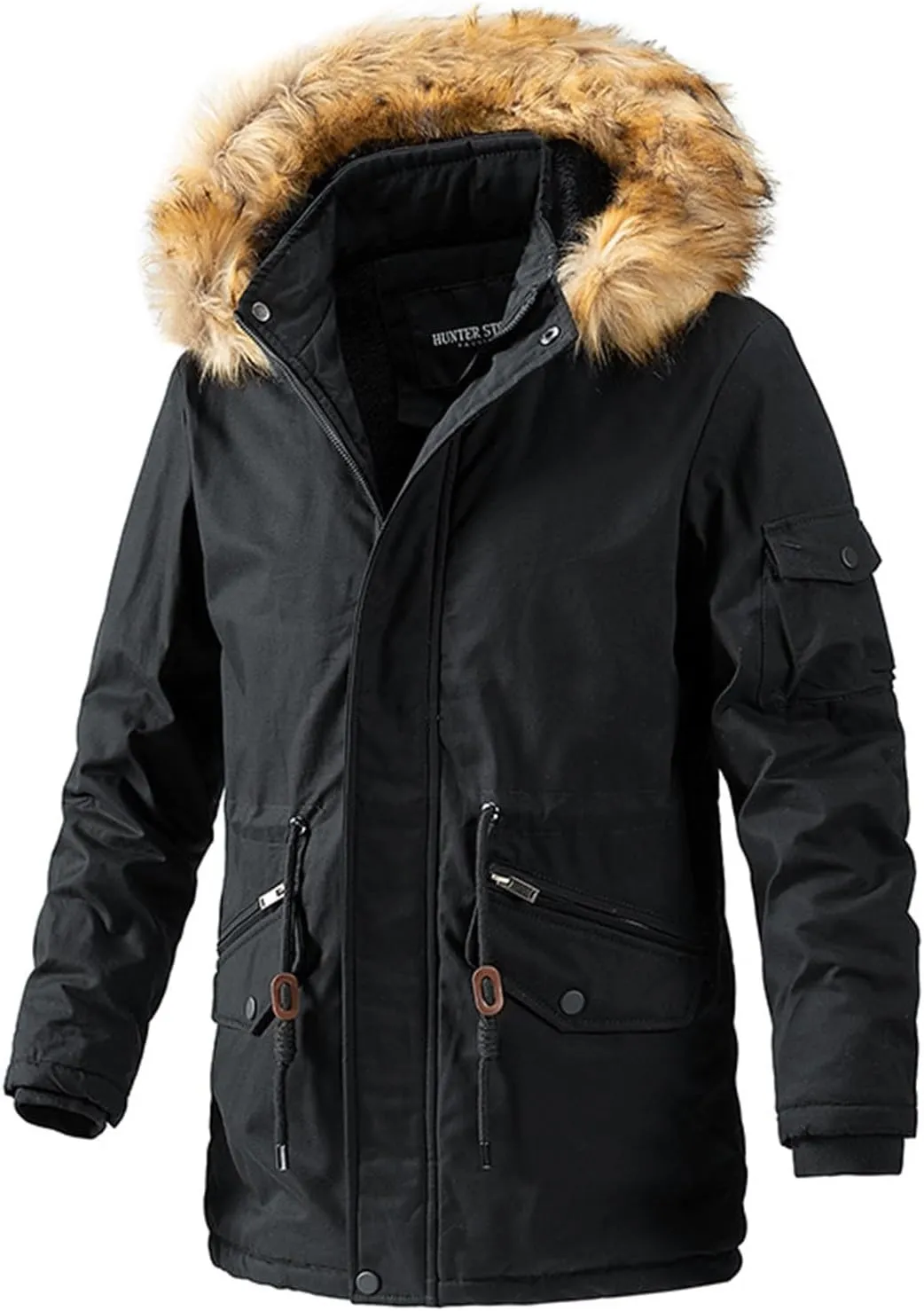 Men's Cargo Jacket 2023 Winter Warm Coats Fleece Lined Jackets with Removable Hood Ski Snow Mountain Windproof Overcoat