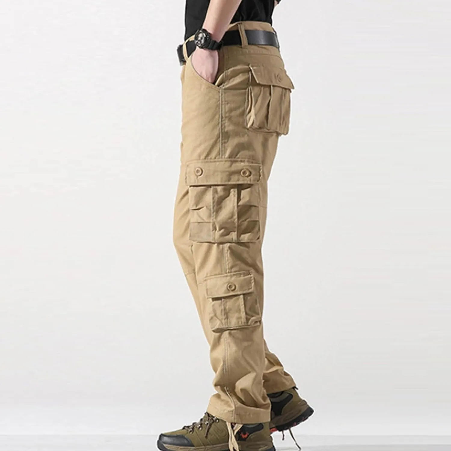 Men's Cargo Pants Classic Fit Pants Cotton Mens Work Pants Casual Elastic Waist Men Hiking Pants 6 Pcckets