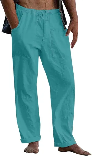 Mens Casual Cotton Linen Pants Elastic Waist Linen Pants Drawstring Summer Beach Yoga Soft Trouser
