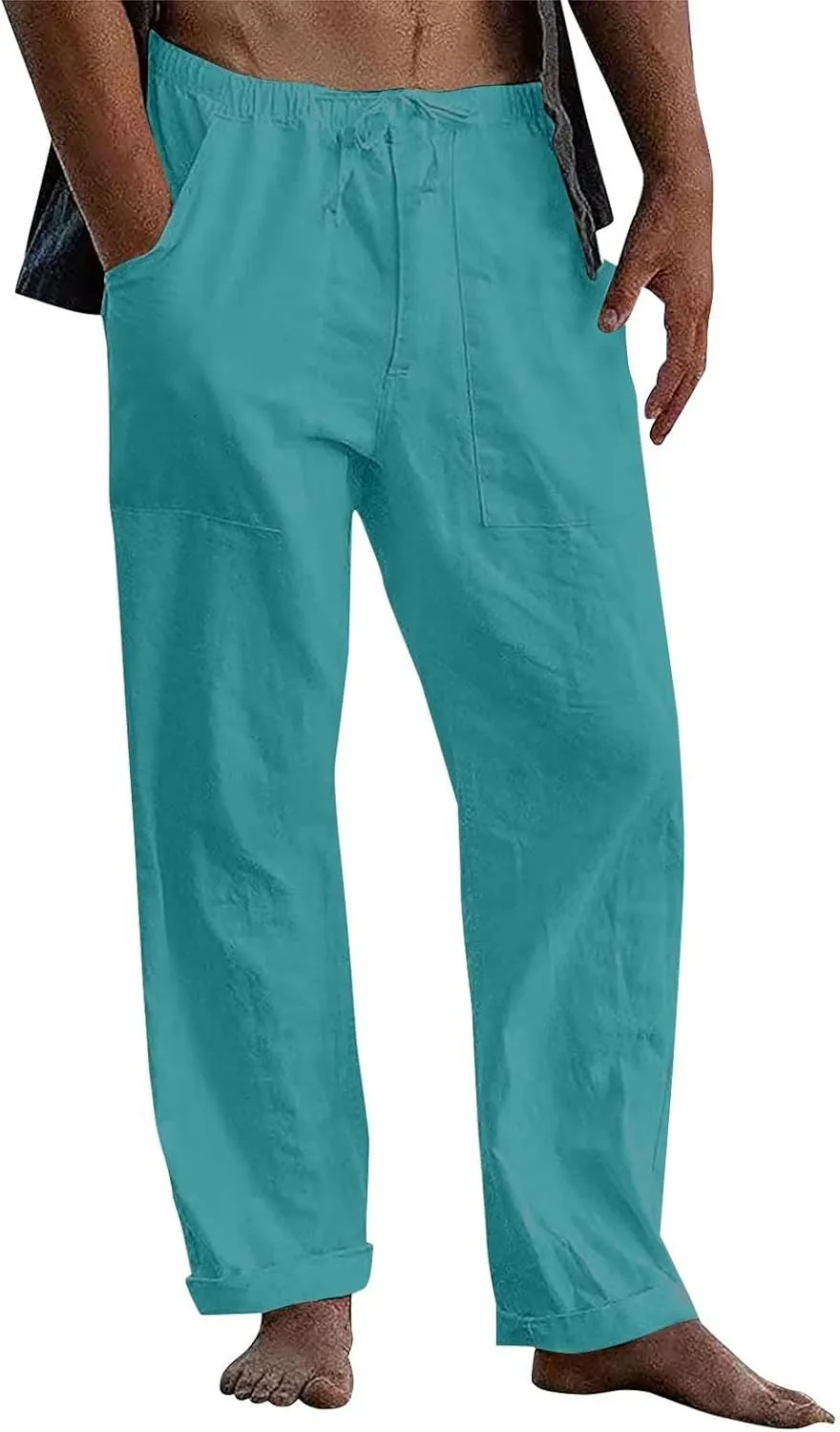 Mens Casual Cotton Linen Pants Elastic Waist Linen Pants Drawstring Summer Beach Yoga Soft Trouser