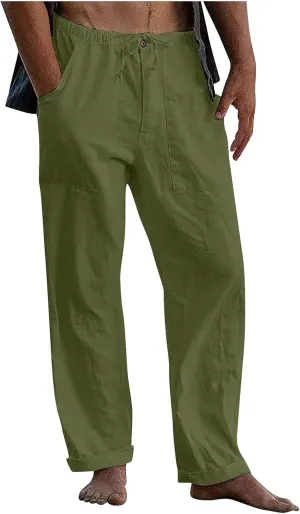 Mens Casual Linen Pants Loose Fit Wide Leg Pants Elastic Drawstring Waist Straight-Legs Summer Yoga Beach Long Pants