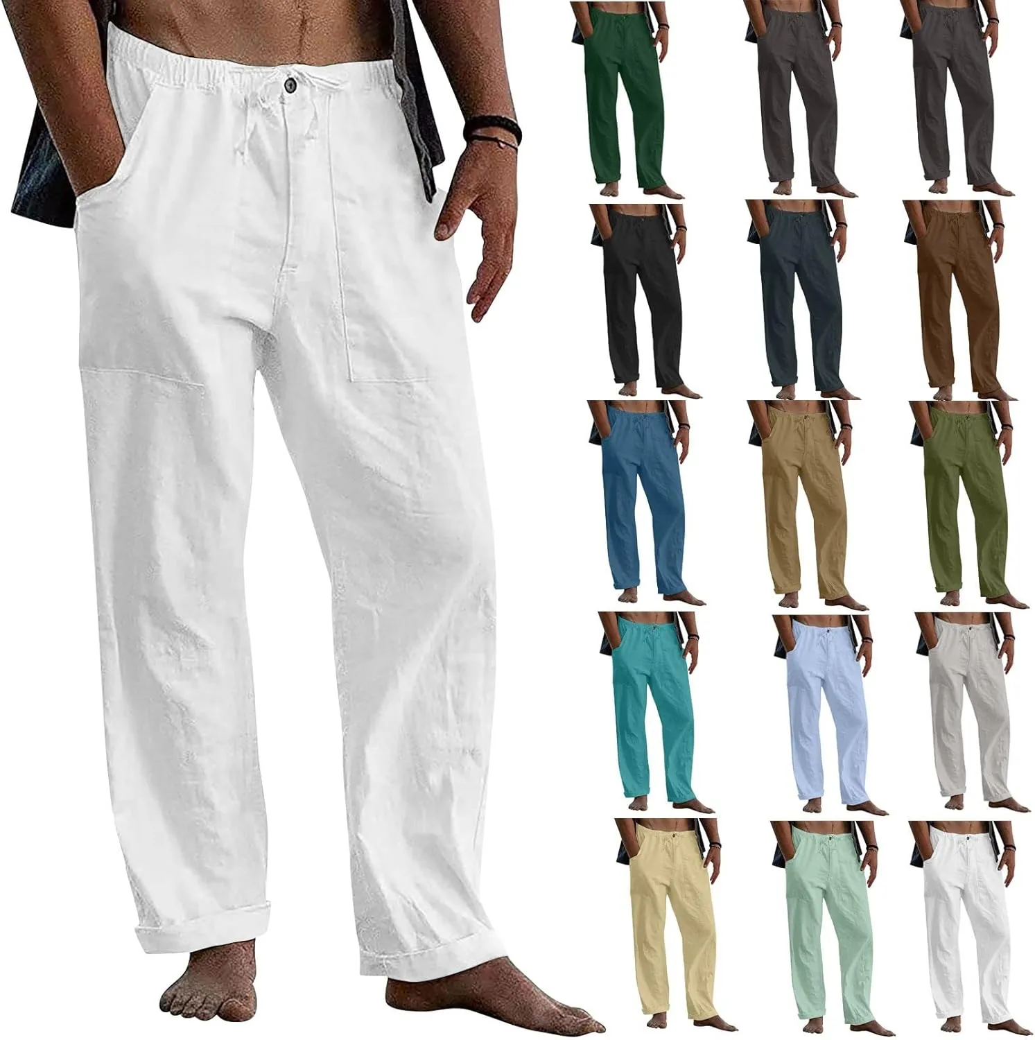 Mens Casual Linen Pants Loose Fit Wide Leg Pants Elastic Drawstring Waist Straight-Legs Summer Yoga Beach Long Pants