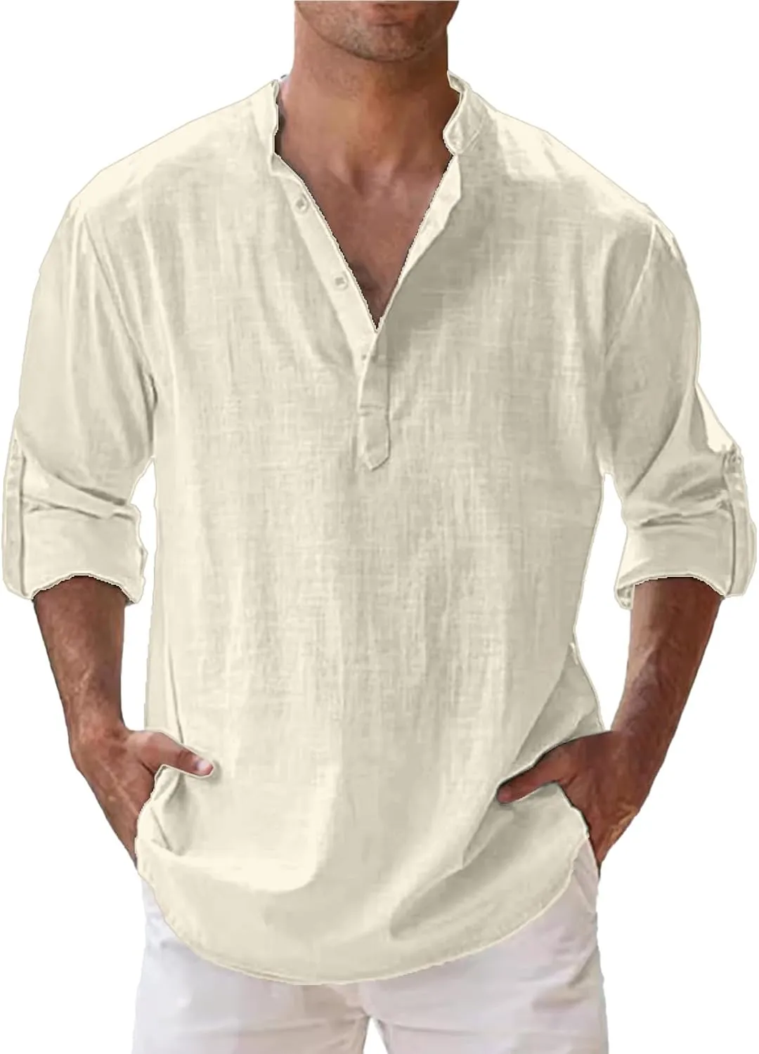 Mens Cotton Linen Shirts Solid Color Long Sleeve Pullover Shirts Button Stand Collar Beach Tops for Summer Vacation