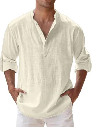 Mens Cotton Linen Shirts Solid Color Long Sleeve Pullover Shirts Button Stand Collar Beach Tops for Summer Vacation