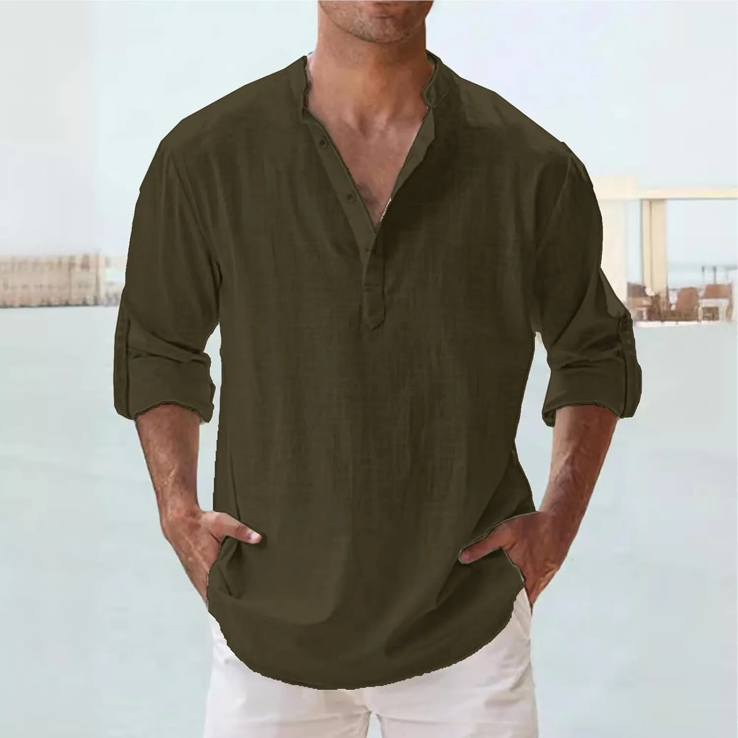 Mens Cotton Linen Shirts Solid Color Long Sleeve Pullover Shirts Button Stand Collar Beach Tops for Summer Vacation