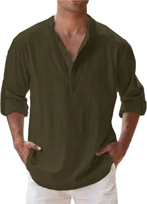 Mens Cotton Linen Shirts Solid Color Long Sleeve Pullover Shirts Button Stand Collar Beach Tops for Summer Vacation