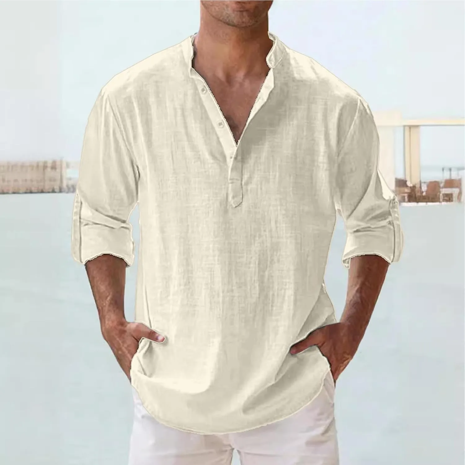 Mens Cotton Linen Shirts Solid Color Long Sleeve Pullover Shirts Button Stand Collar Beach Tops for Summer Vacation
