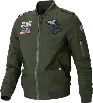 Mens Cotton Military Jacket USA American Flag Embroidered Patches Bomber Jacket Plus Size Full Zip Windproof Work Top