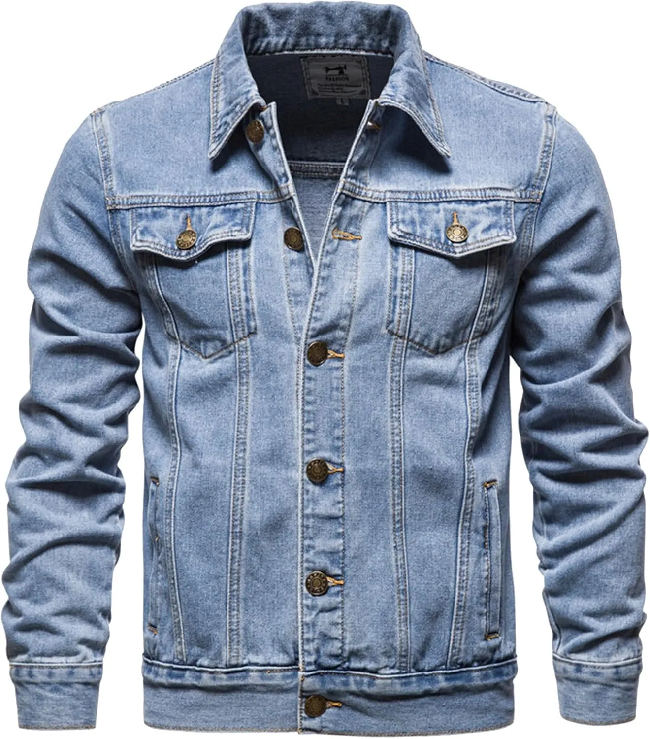 Mens Denim Jacket Casual Slim Pocket Lapel Solid Color Fashion Long Sleeve Button Jean Jackets