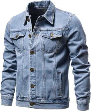 Mens Denim Jacket Casual Slim Pocket Lapel Solid Color Fashion Long Sleeve Button Jean Jackets