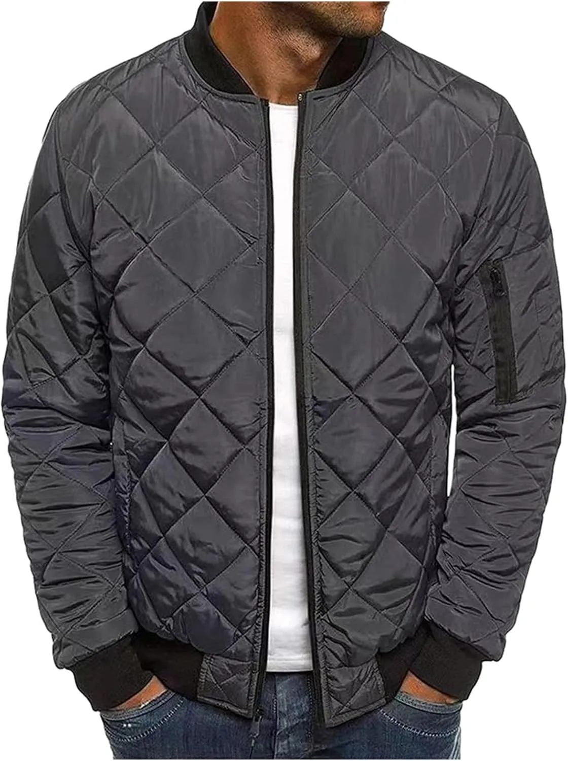 Men's Diamond Quilted Bomber Jacket Fall Winter Rib Varsity Lightweight Coat Flight Winter Warm Padded Coats for Men