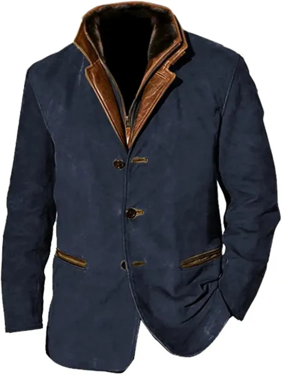 Men's Faux Suede Blazer Leather Jacket Button Up Notch Lapel Sport Coat Vintage Distressed Cargo Coat Tops with Pockets