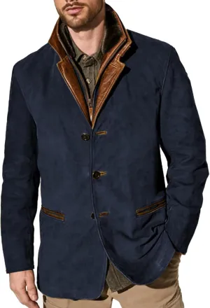 Men's Faux Suede Blazer Leather Jacket Button Up Notch Lapel Sport Coat Vintage Distressed Cargo Coat Tops with Pockets