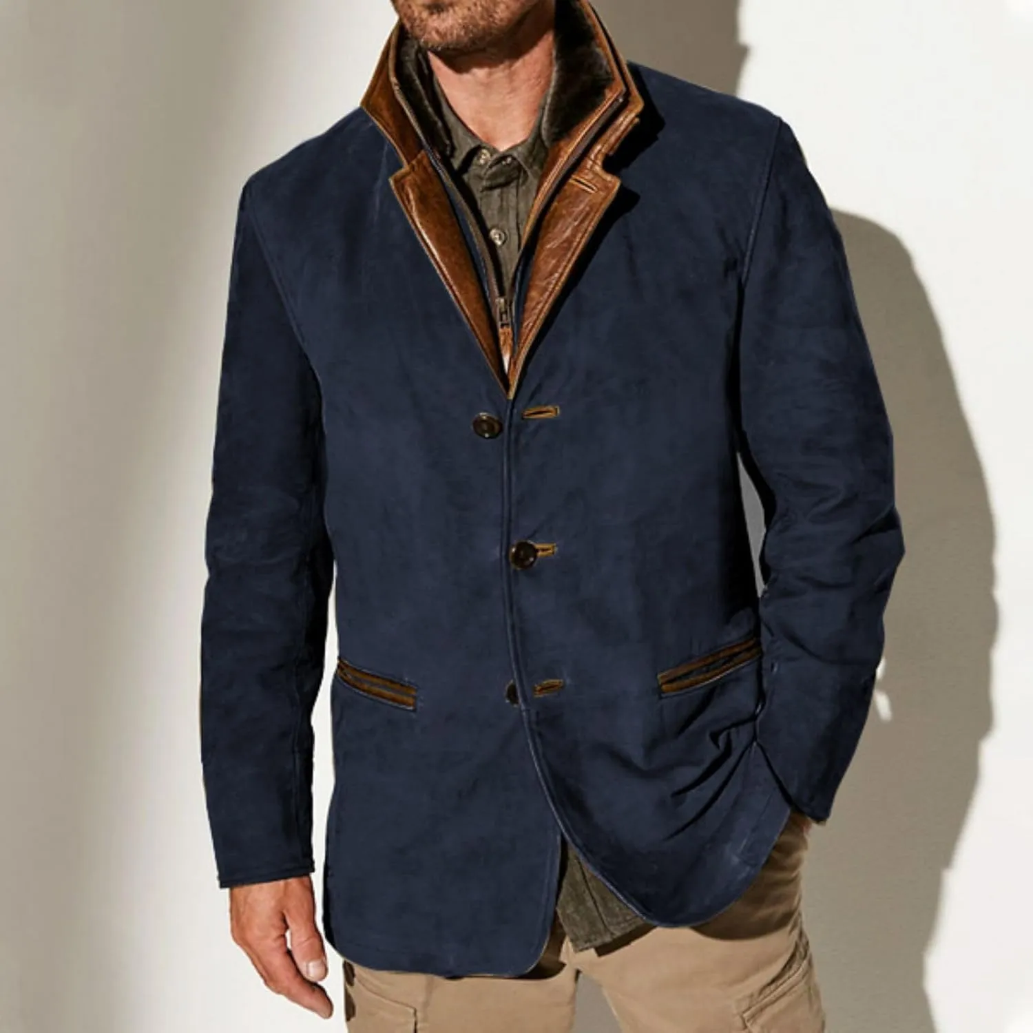 Men's Faux Suede Blazer Leather Jacket Button Up Notch Lapel Sport Coat Vintage Distressed Cargo Coat Tops with Pockets