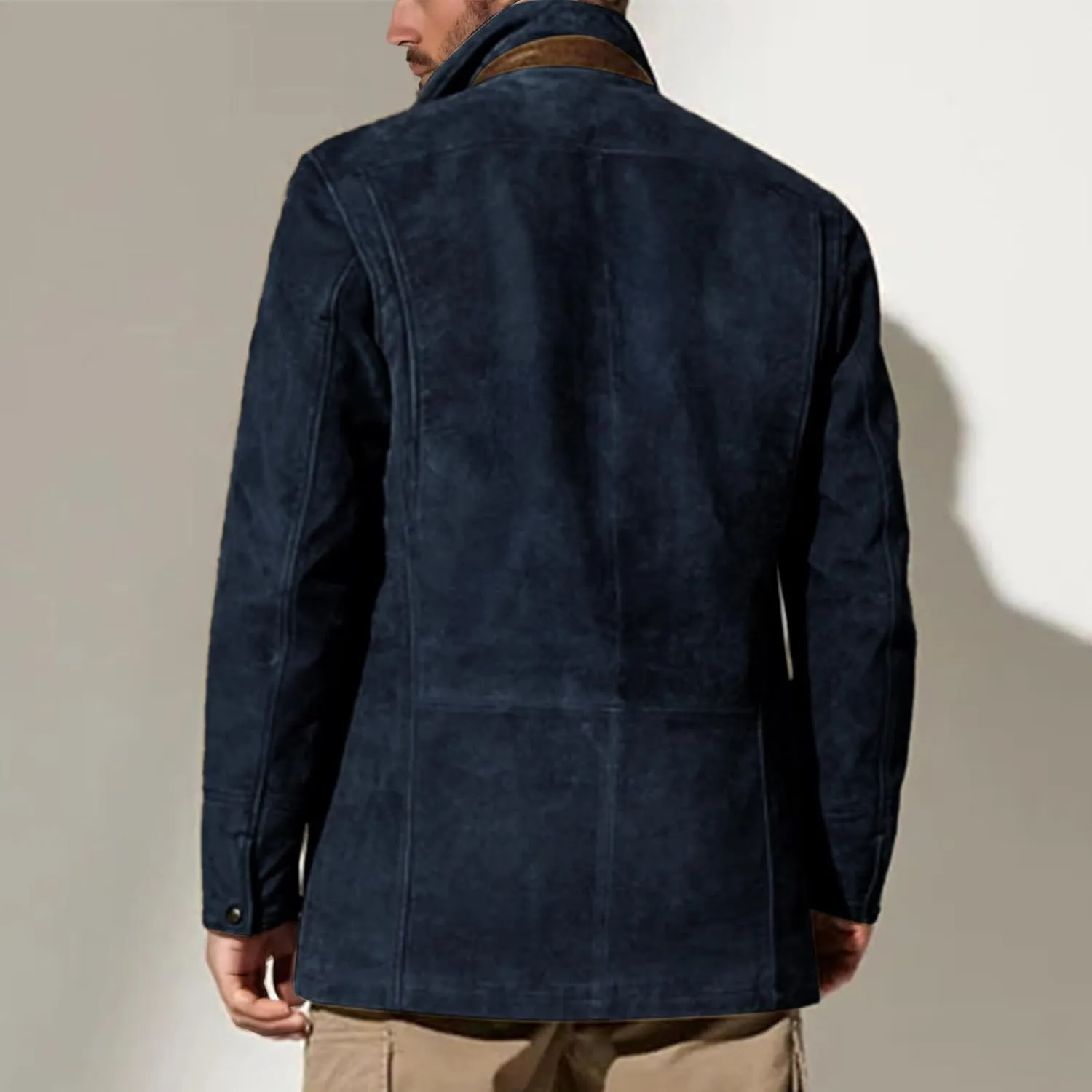 Men's Faux Suede Blazer Leather Jacket Button Up Notch Lapel Sport Coat Vintage Distressed Cargo Coat Tops with Pockets