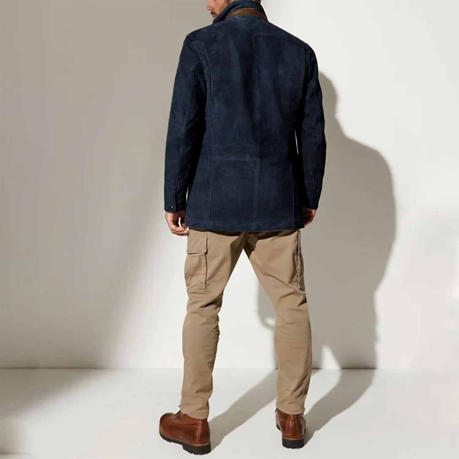 Men's Faux Suede Blazer Leather Jacket Button Up Notch Lapel Sport Coat Vintage Distressed Cargo Coat Tops with Pockets