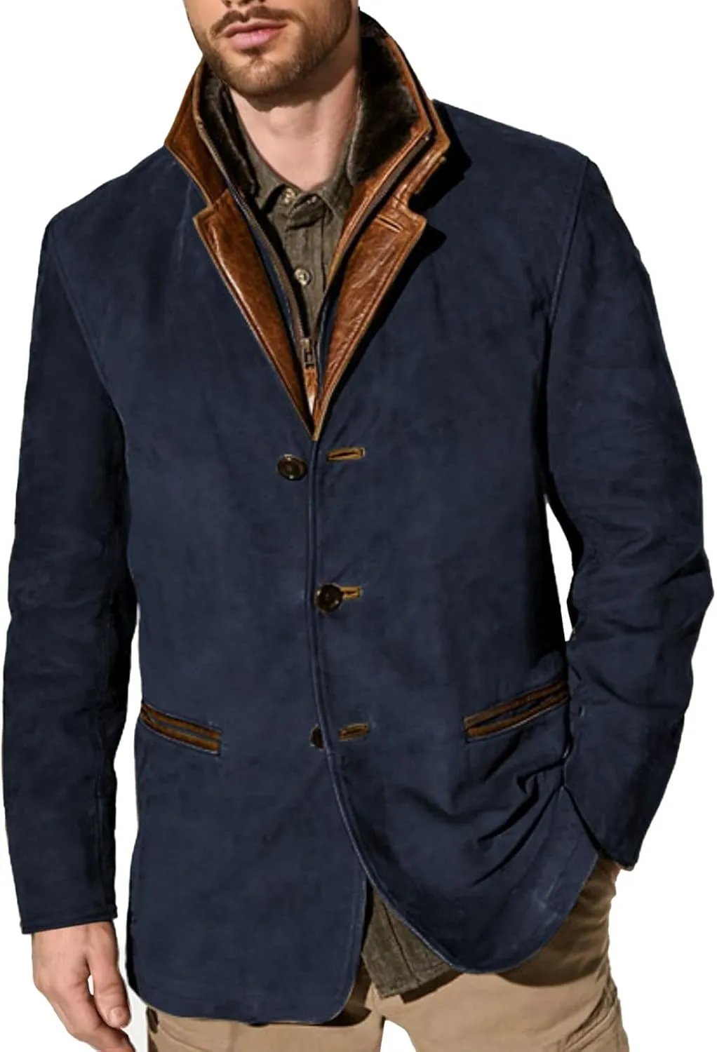 Men's Faux Suede Blazer Leather Jacket Button Up Notch Lapel Sport Coat Vintage Distressed Cargo Coat Tops with Pockets