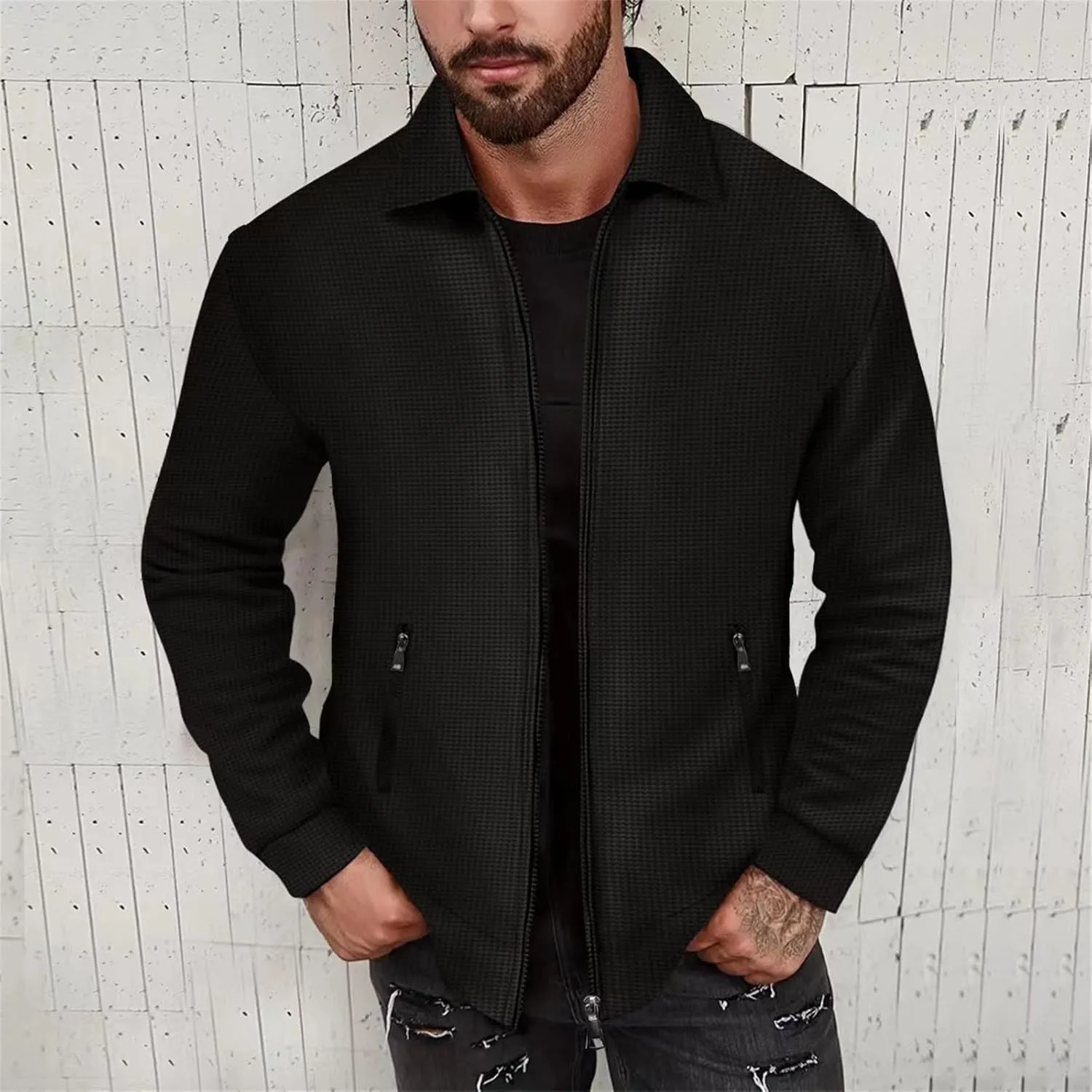 Mens Fleece Jackets Lightweight Full Zip Up Shawl Collar Waffle Knit Track Jackets Long Sleeve Casual Running Jacket