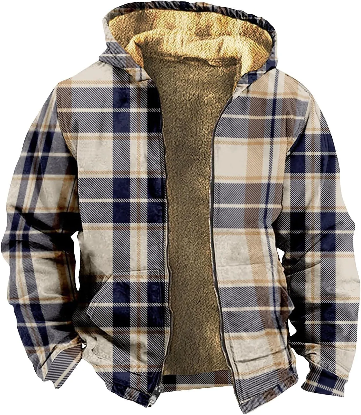 Mens Full Zip Fleece Sweatshirt Flannel Sherpa Lined Shirt Jacket Plaid Cotton Hoodies Coat Big Tall Winter Jackets