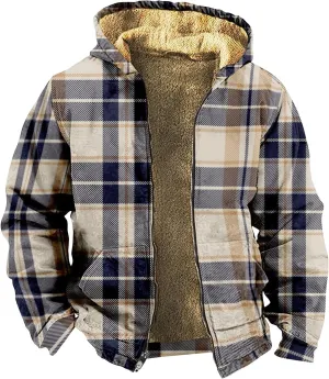 Mens Full Zip Fleece Sweatshirt Flannel Sherpa Lined Shirt Jacket Plaid Cotton Hoodies Coat Big Tall Winter Jackets