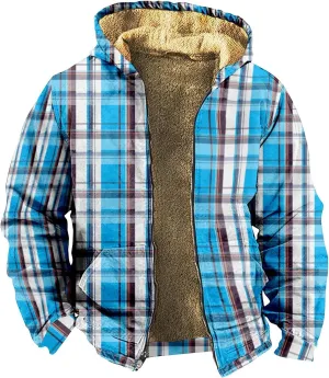Mens Full Zip Fleece Sweatshirt Flannel Sherpa Lined Shirt Jacket Plaid Cotton Hoodies Coat Big Tall Winter Jackets
