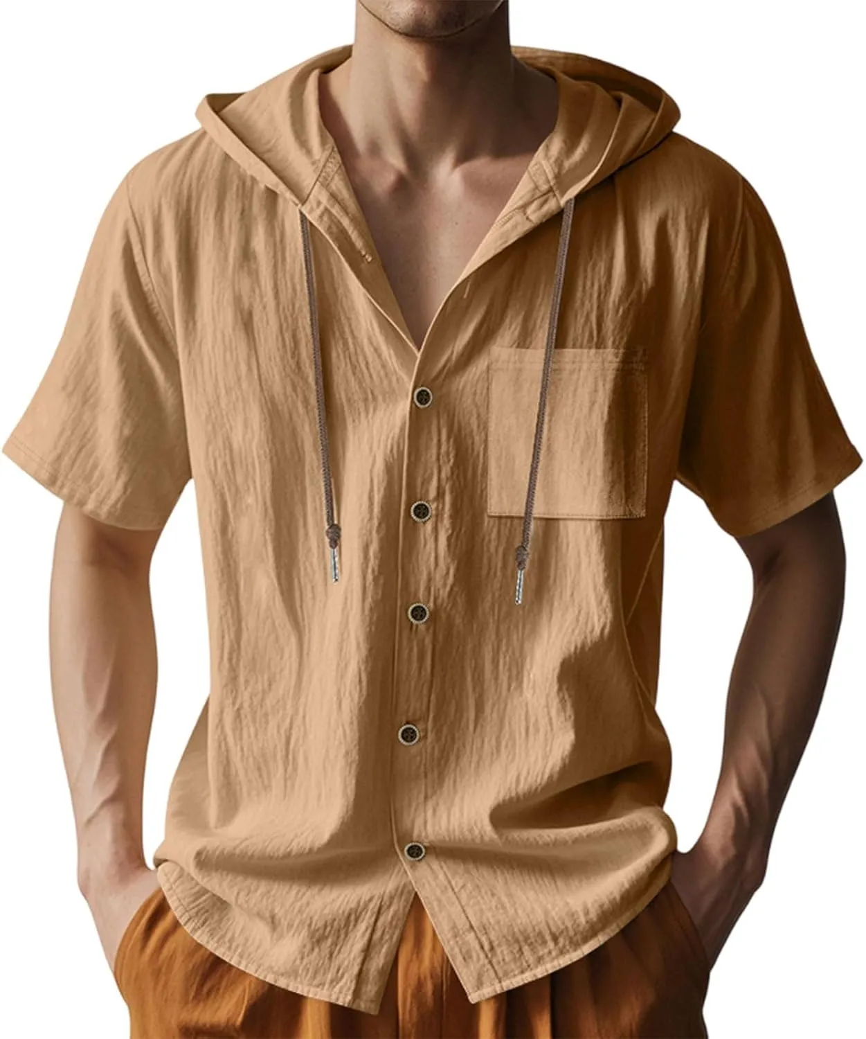 Mens Hoodies Linen Shirts Button Down Shirt Casual Hawaiian Beach Tops Lightweight Fashion Hoodie with Pocket