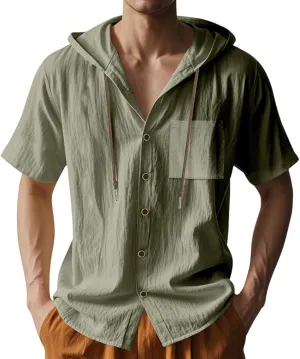 Mens Hoodies Linen Shirts Button Down Shirt Casual Hawaiian Beach Tops Lightweight Fashion Hoodie with Pocket