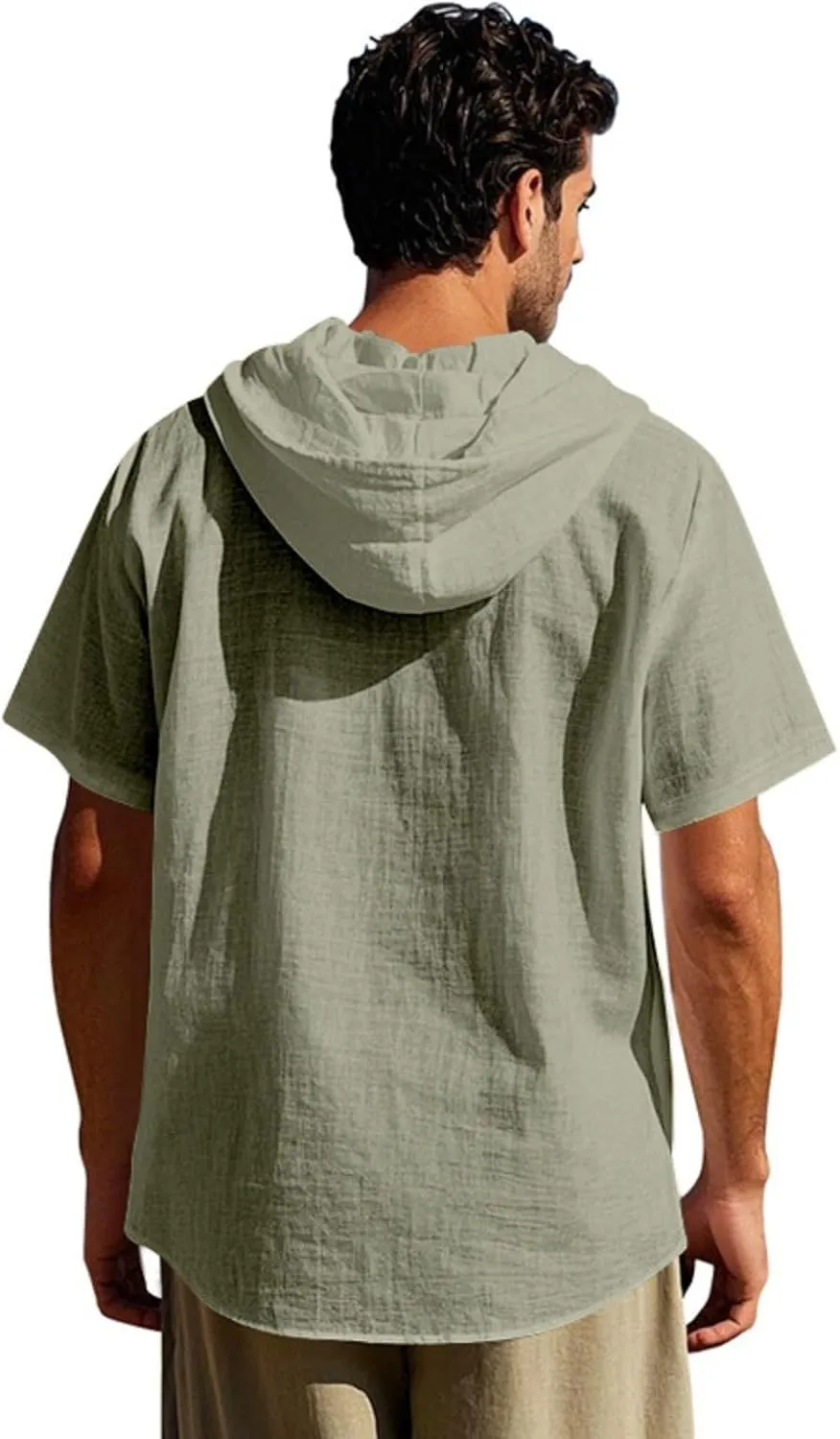 Mens Hoodies Linen Shirts Button Down Shirt Casual Hawaiian Beach Tops Lightweight Fashion Hoodie with Pocket