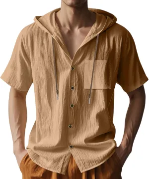 Mens Hoodies Linen Shirts Button Down Shirt Casual Hawaiian Beach Tops Lightweight Fashion Hoodie with Pocket