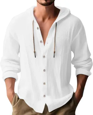 Mens Hoodies Linen Shirts Button Down Shirt Casual Hawaiian Beach Tops Lightweight Fashion Hoodie with Pocket