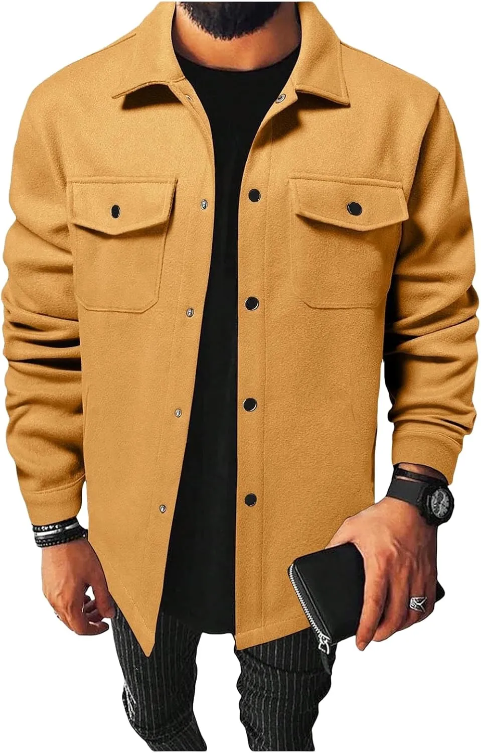 Men's Jacket Long Sleeve Button Down Jackets Open Front Cardigan Overcoat Lightweight Casual Coat with Flap Pockets