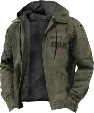 Mens Jacket Winter Clothes For Vintage Solid Color Zip Up Thickened Long Sleeve Hoodies Fashion Pockets Thermal Coat