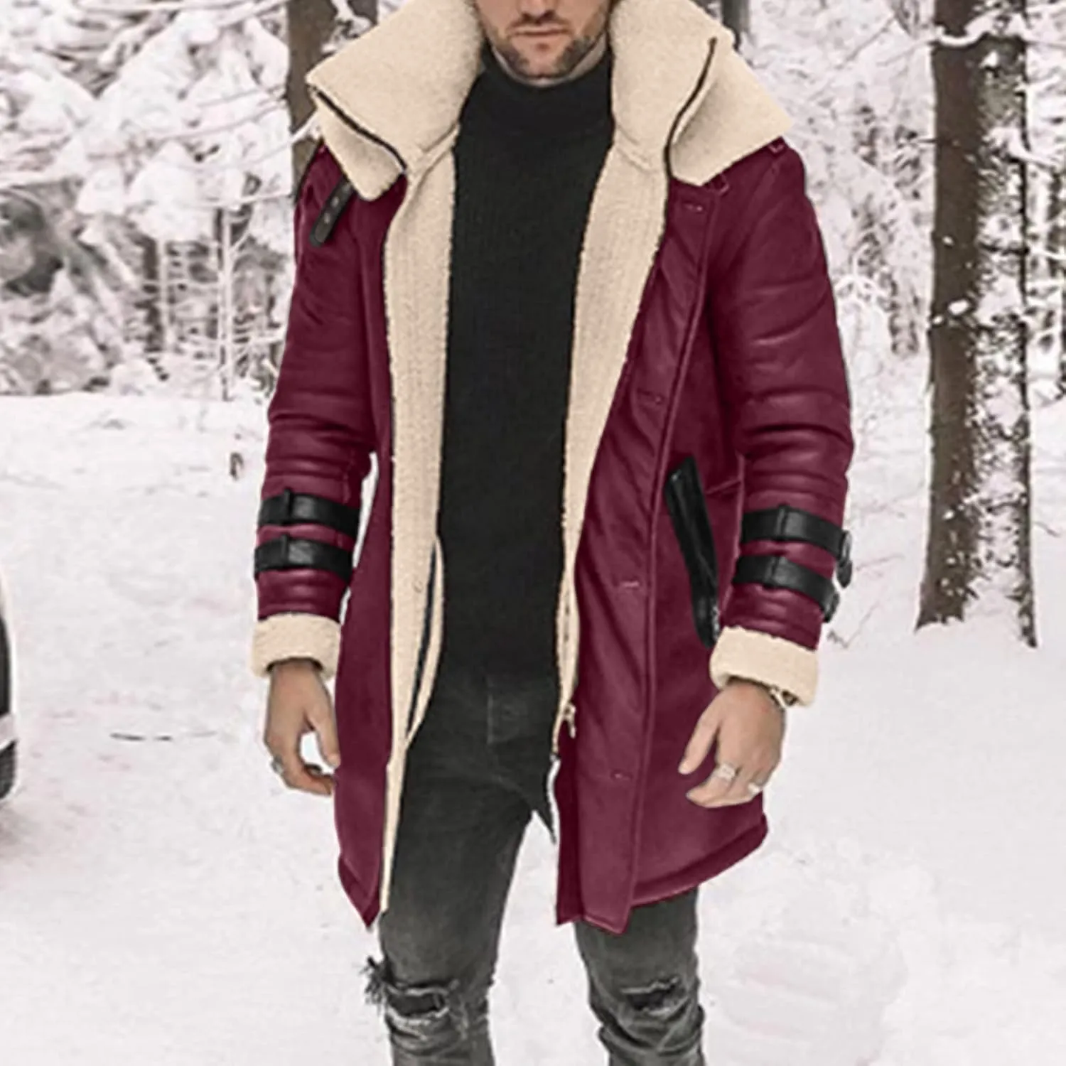 Mens Jacket Winter Fleece Lined Casual Lapel Jacket Coats Thick Thermal Zipper Jackets Outerwear with Multi Pockets