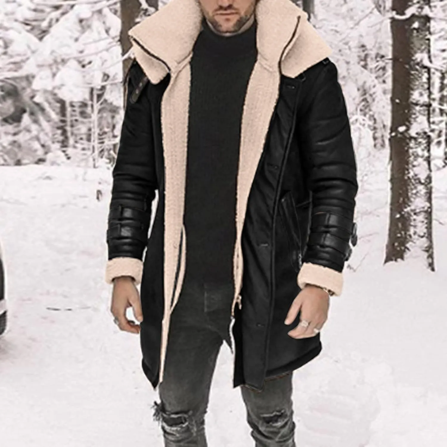 Mens Jacket Winter Fleece Lined Casual Lapel Jacket Coats Thick Thermal Zipper Jackets Outerwear with Multi Pockets