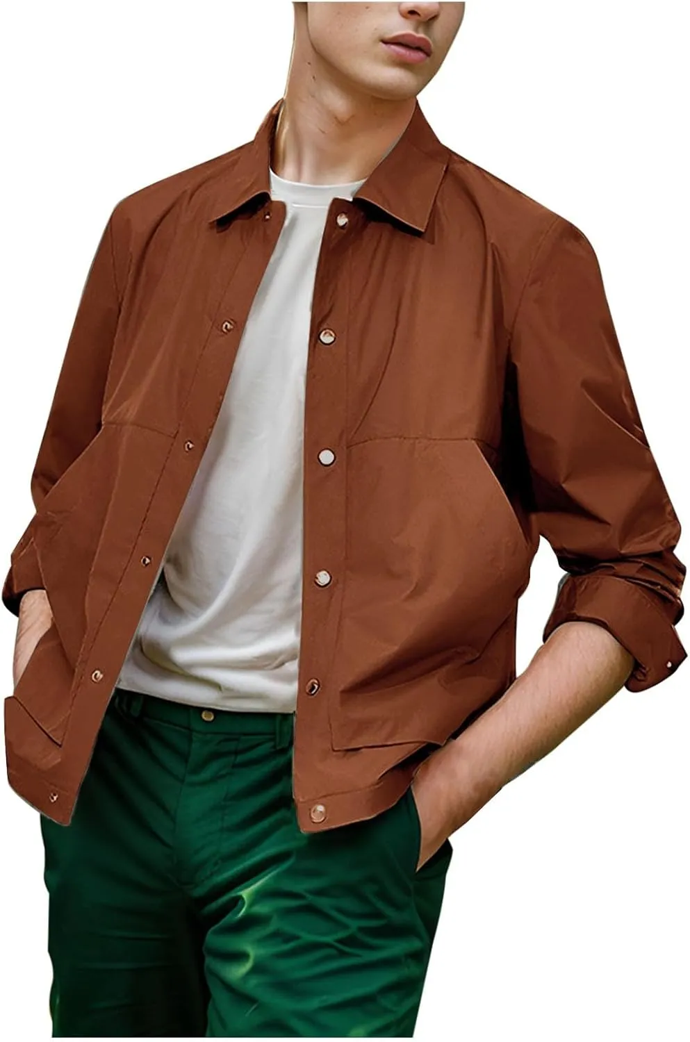 Men's Jackets Casual Long Sleeve Button down Color-Block Windbreaker Coats Lightweight Work Overshirts with Pockets