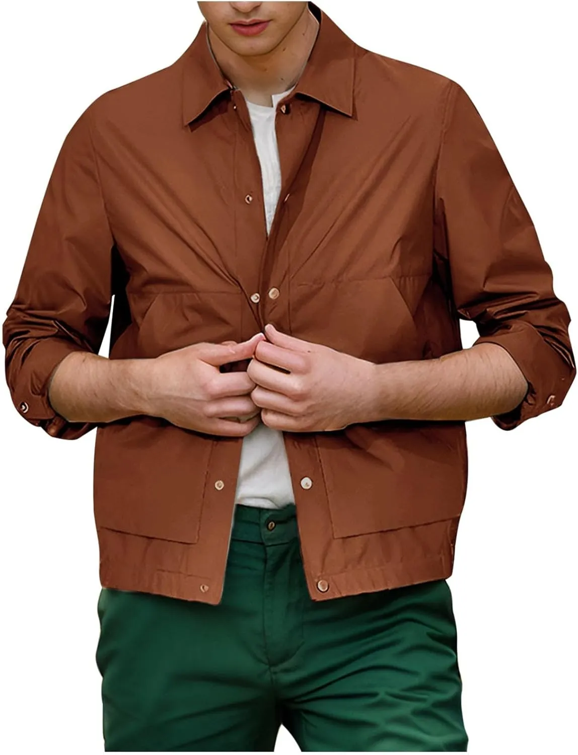 Men's Jackets Casual Long Sleeve Button down Color-Block Windbreaker Coats Lightweight Work Overshirts with Pockets