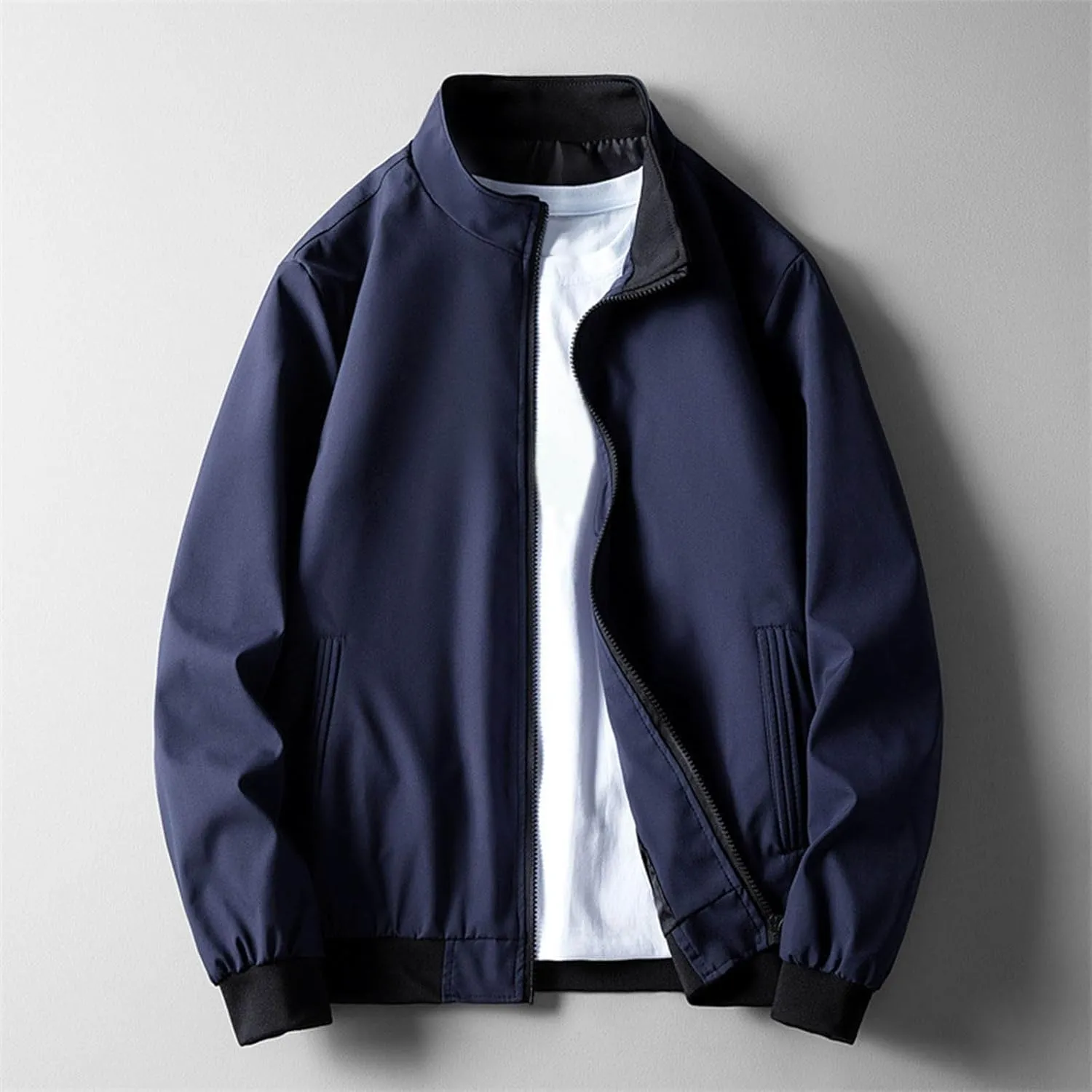 Mens Lightweight Bomber Jackets Solid Full-Zip Athletic Jackets 2024 Fall Winter Casual Fit Warm Coats with Pockets