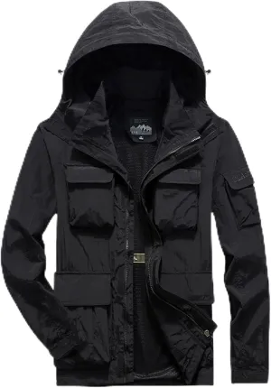 Men's Military Jacket Casual Utility Lightweight Bomber Jackets with Hood Work Jackets Outerwear Multiple Pockets