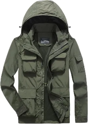 Men's Military Jacket Casual Utility Lightweight Bomber Jackets with Hood Work Jackets Outerwear Multiple Pockets