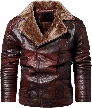 Men's Motorcycle Leather Jacket Fleece Lined Winter Warm Biker Trucker Coat